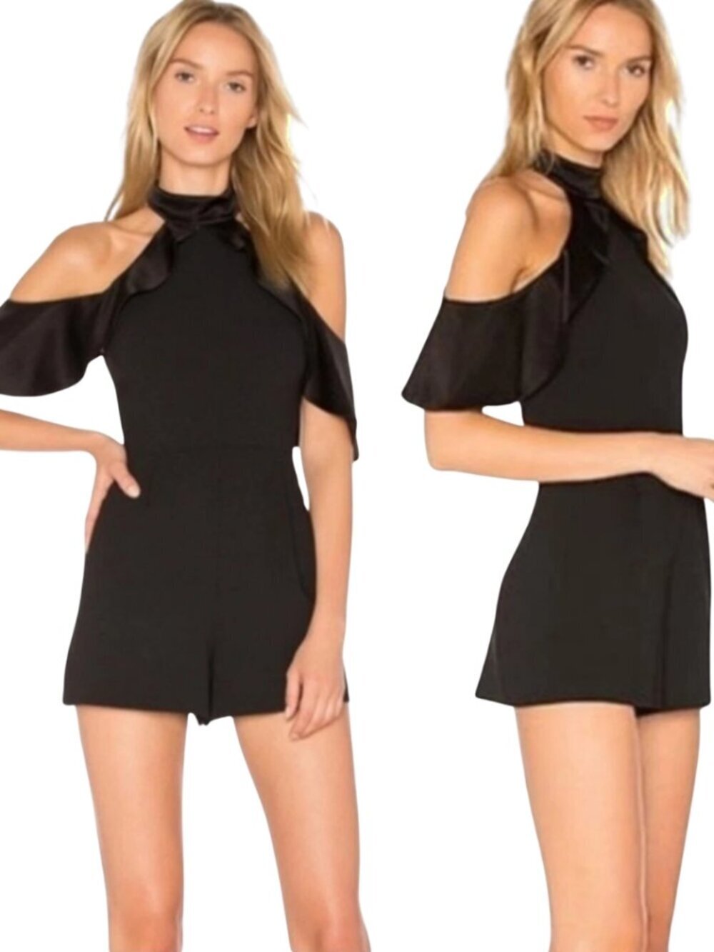 Alice + Olivia Rosaline Cold Shoulder Satin Romper Women's 4 Black Designer Chic